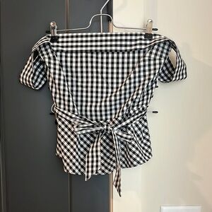 Express Black and White Cap Sleeve Tie Front Blouse